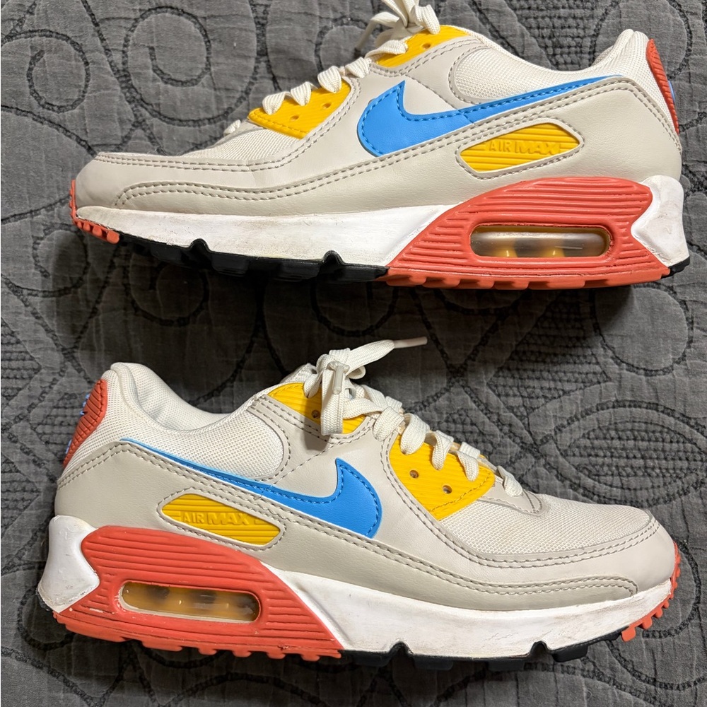 Nike Womens Air Max 90 DJ9991-100 White Blue Yellow Athletic Shoes